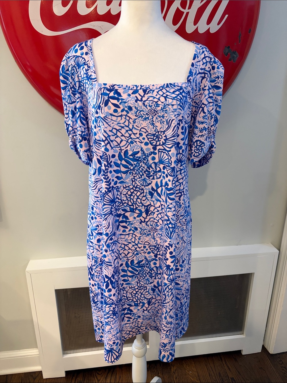 NWT Lily Pulitzer 100% Cotton Haydn Pink/Blue Puff Sleeve Shift Dress, size XL